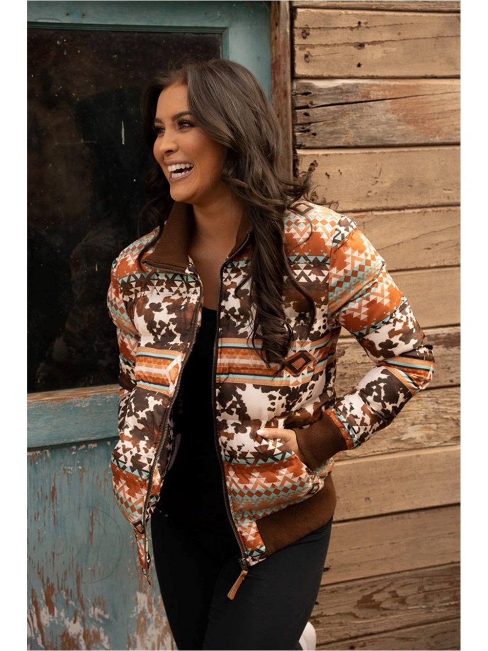 Hooey Aztec and Cowhide Quilted Track Puffer Jacket
